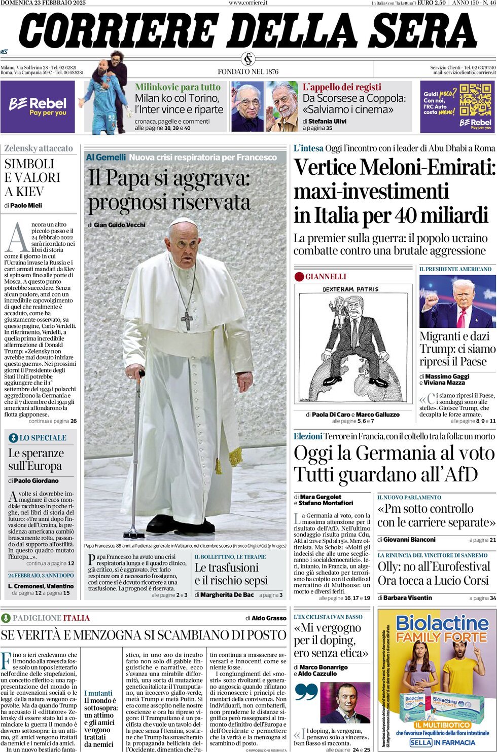 Prima-pagina-del-corriere-della-sera-edizione-di-oggi-23-02-2025