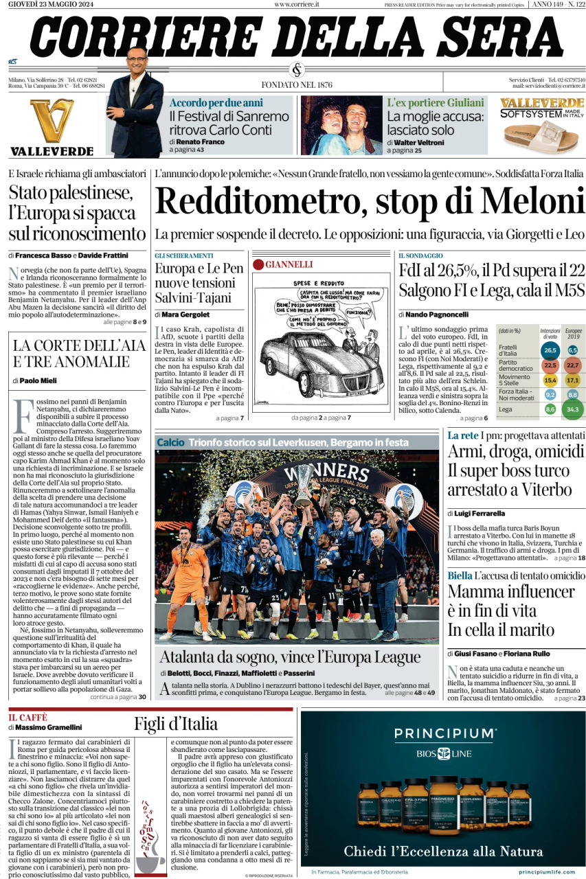 Prima-pagina-del-corriere-della-sera-edizione-di-oggi-23-05-2024