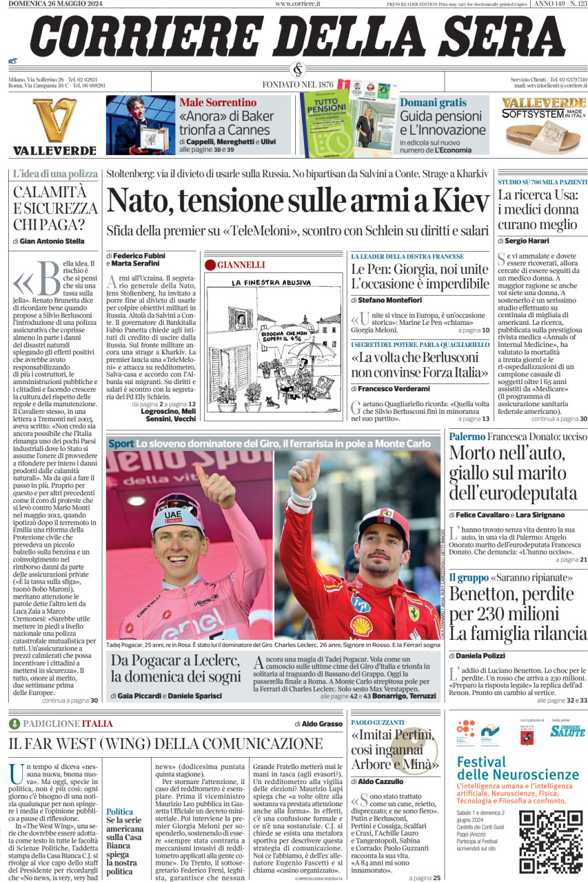 Prima-pagina-del-corriere-della-sera-edizione-di-oggi-26-05-2024