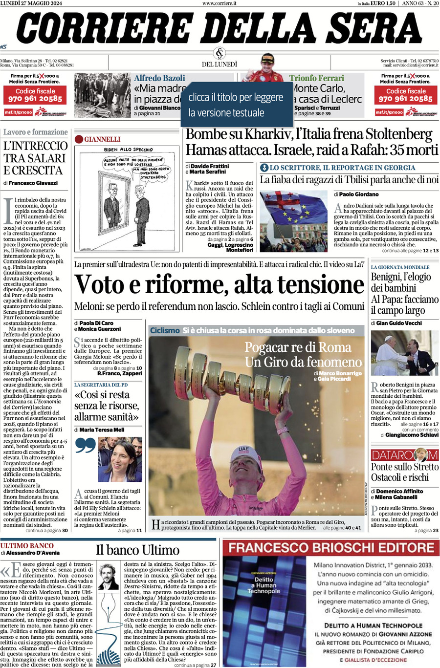 Prima-pagina-del-corriere-della-sera-edizione-di-oggi-27-05-2024