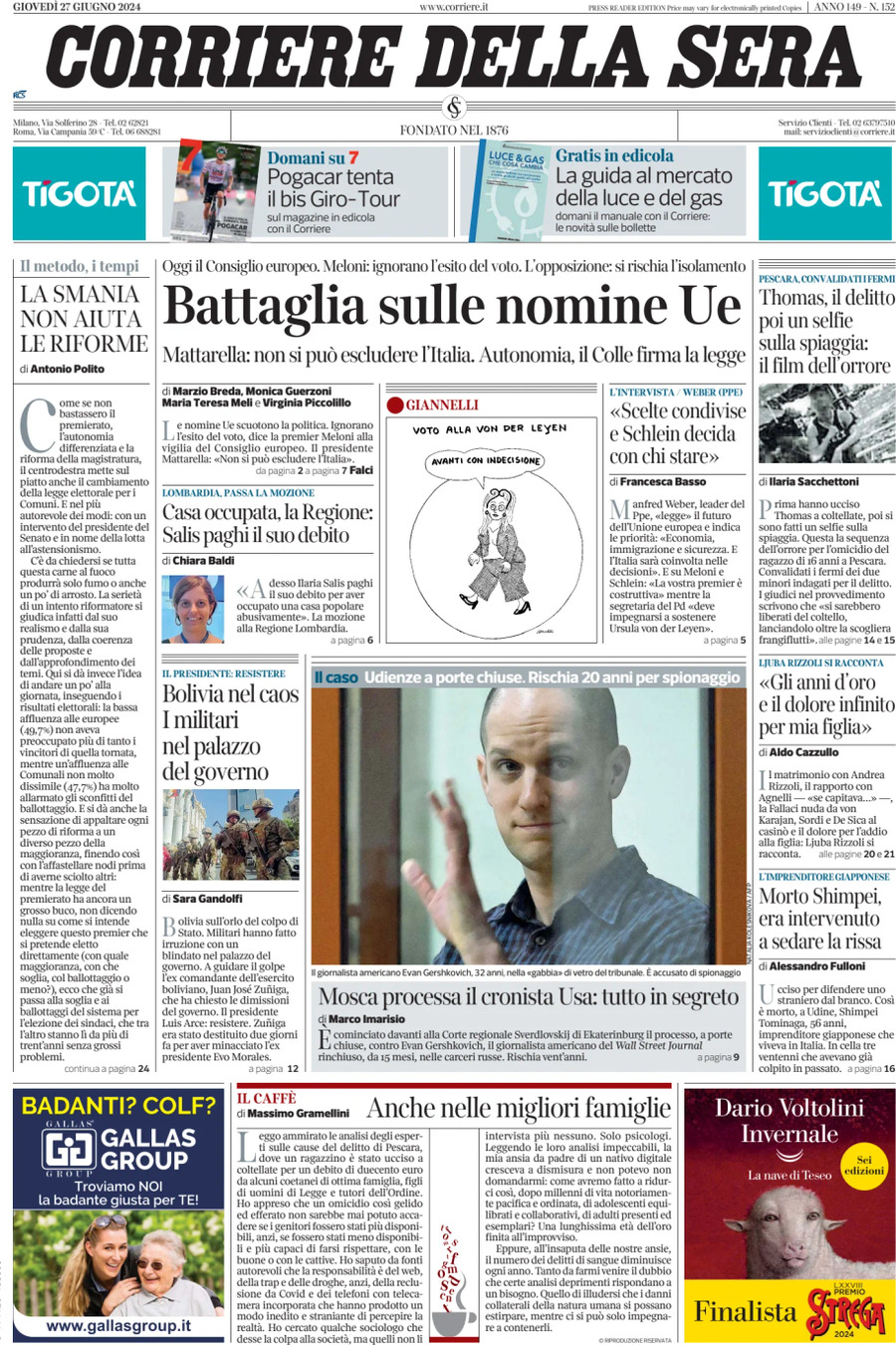 Prima-pagina-del-corriere-della-sera-edizione-di-oggi-27-06-2024