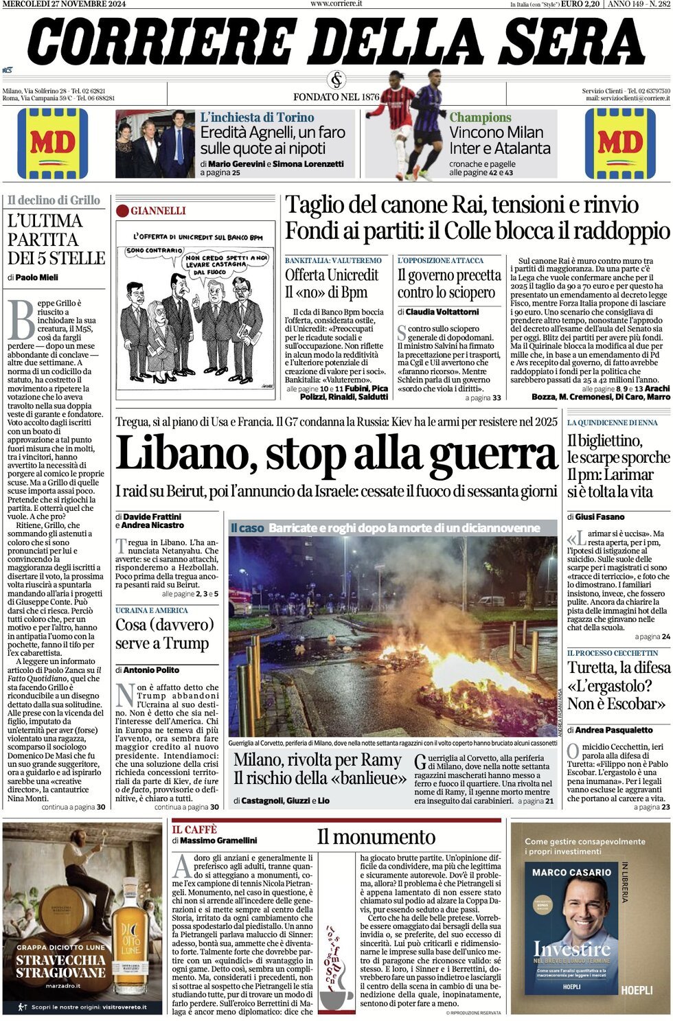 Prima-pagina-del-corriere-della-sera-edizione-di-oggi-27-11-2024