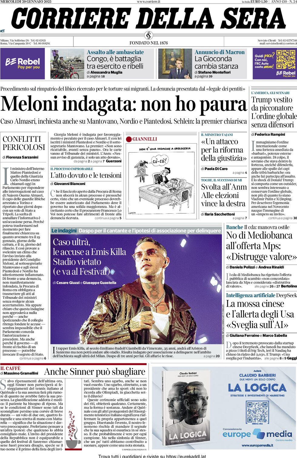 Prima-pagina-del-corriere-della-sera-edizione-di-oggi-29-01-2025