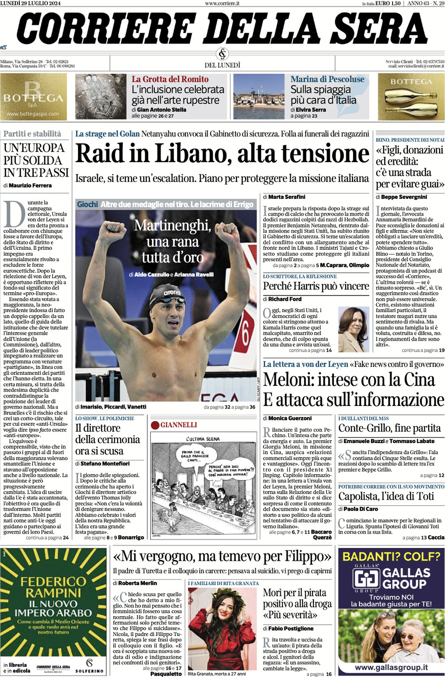 Prima-pagina-del-corriere-della-sera-edizione-di-oggi-29-07-2024