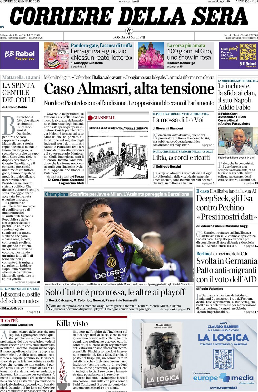 Prima-pagina-del-corriere-della-sera-edizione-di-oggi-30-01-2025