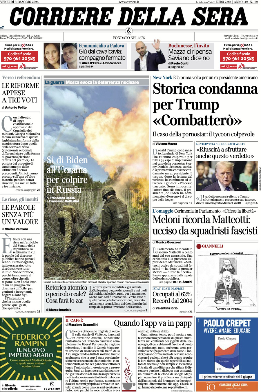 Prima-pagina-del-corriere-della-sera-edizione-di-oggi-31-05-2024