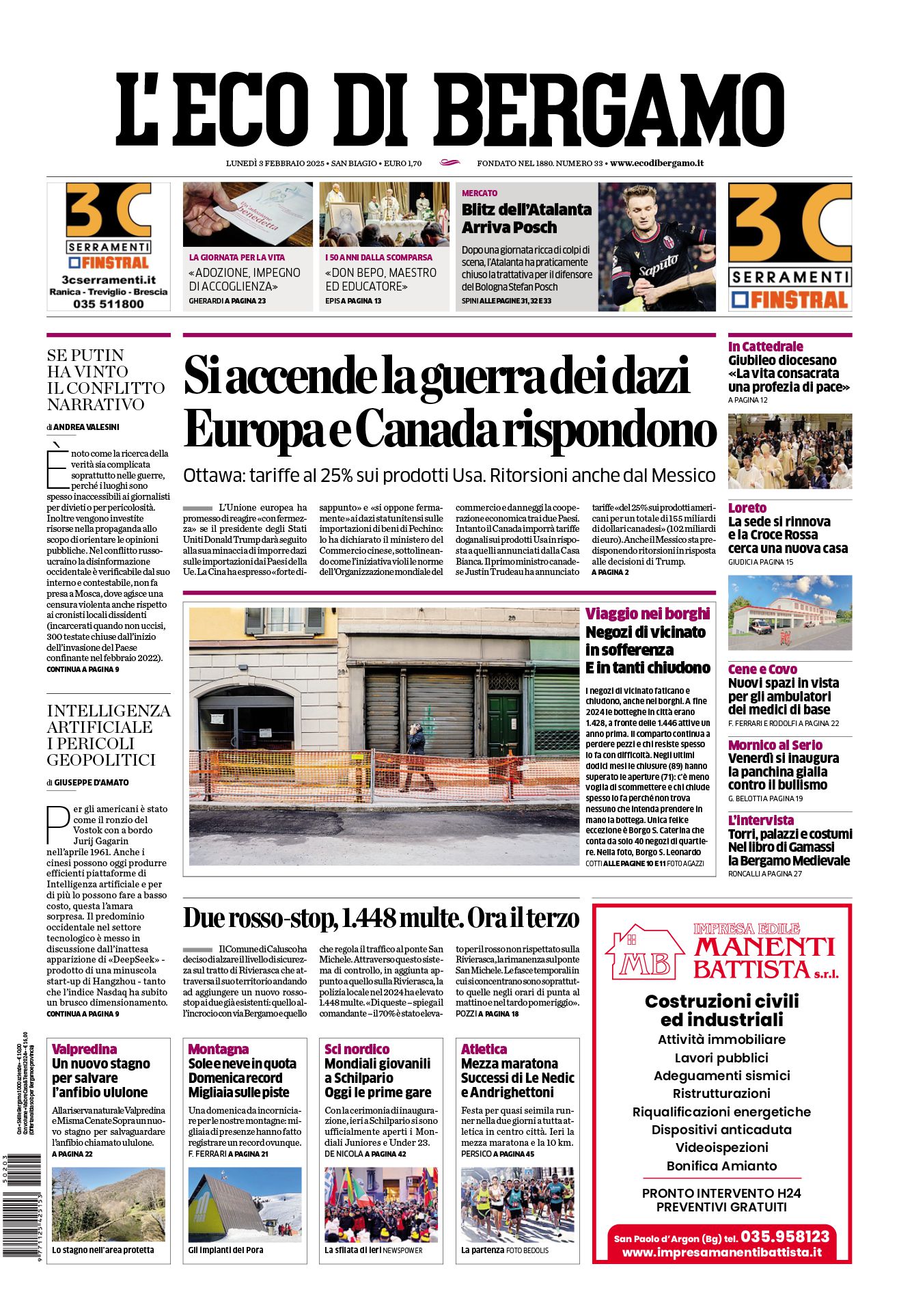 Prima-pagina-eco-di-bergamo-edizione-di-oggi-03-02-2025