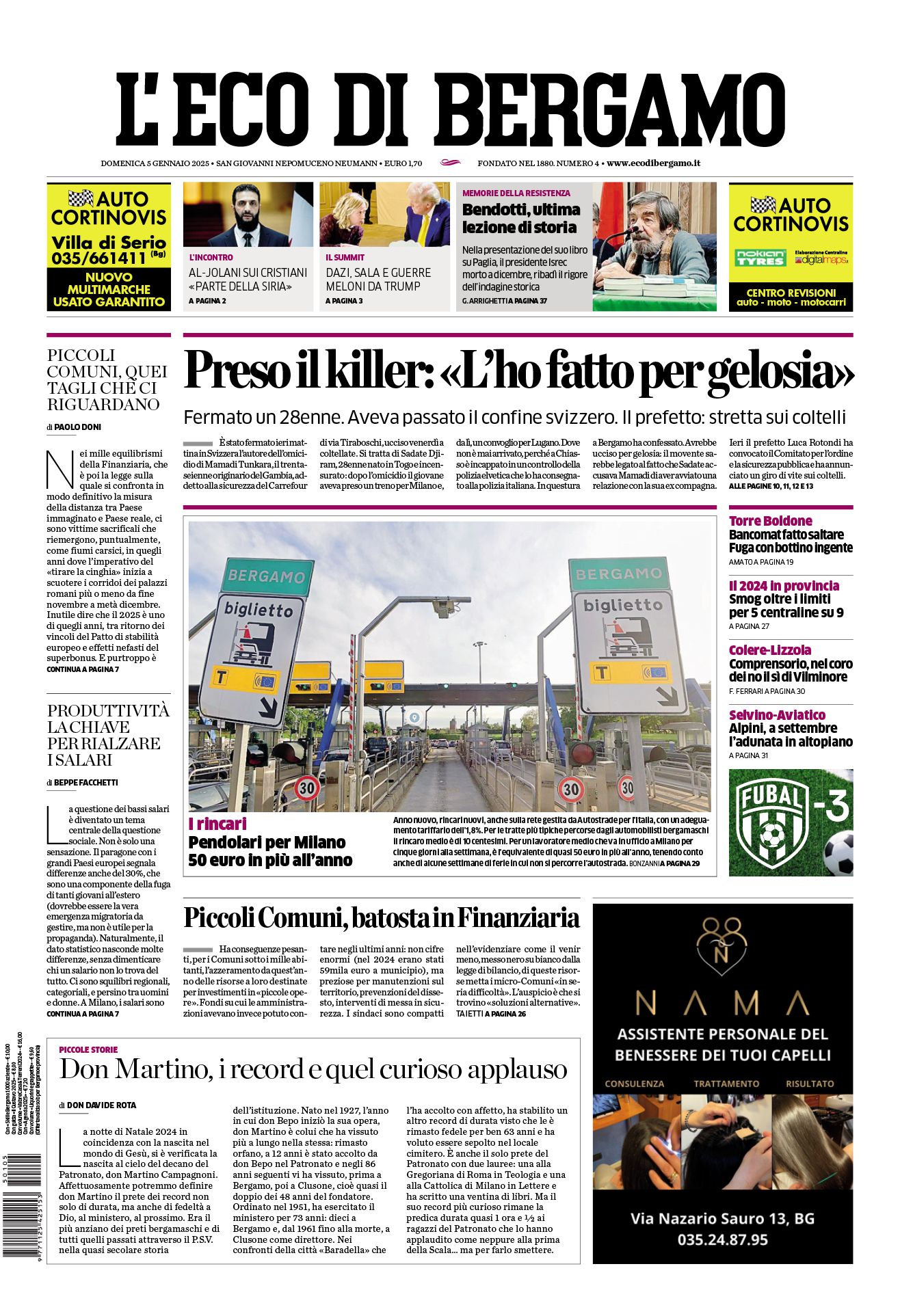 Prima-pagina-eco-di-bergamo-edizione-di-oggi-05-01-2025