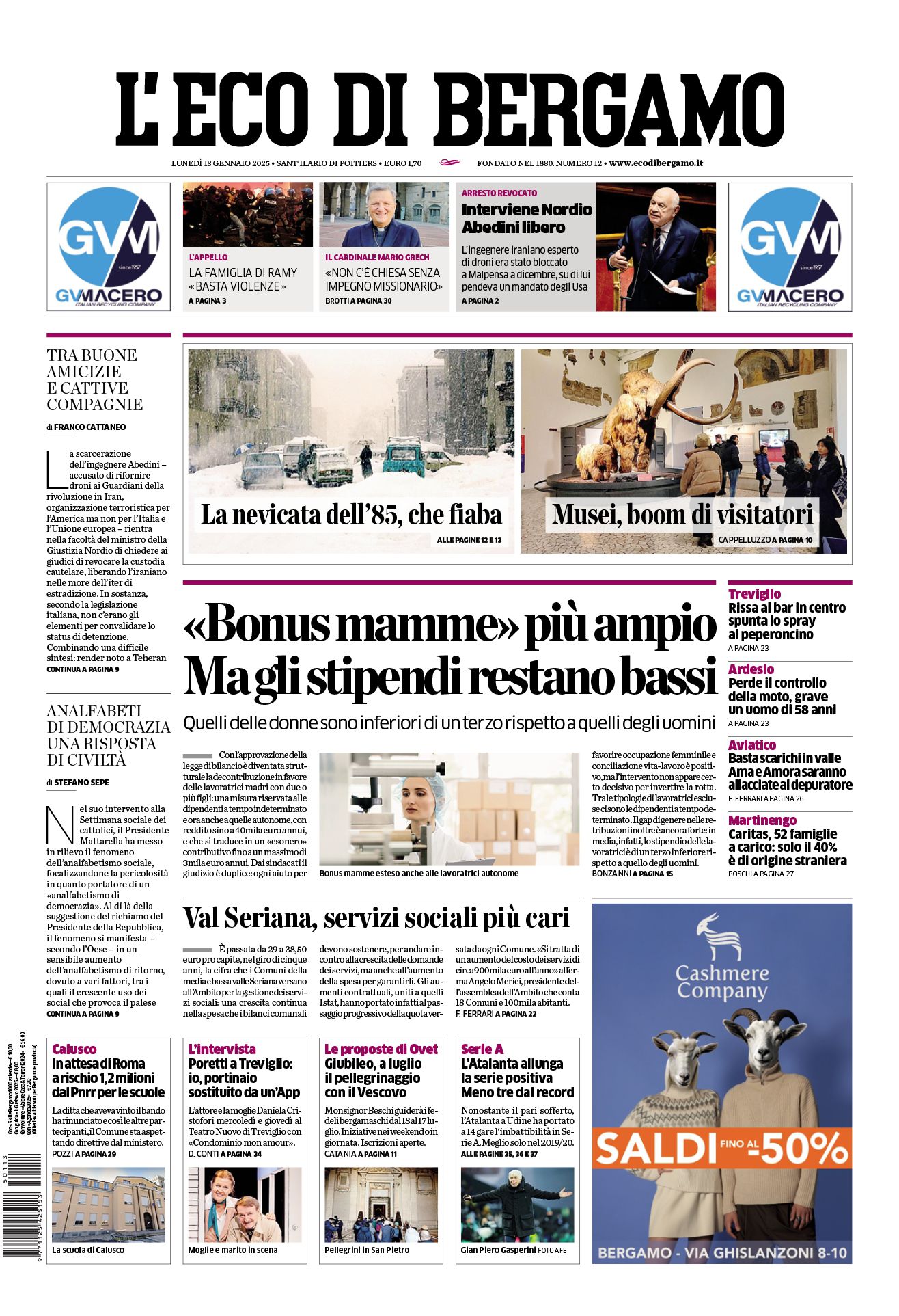 Prima-pagina-eco-di-bergamo-edizione-di-oggi-13-01-2025