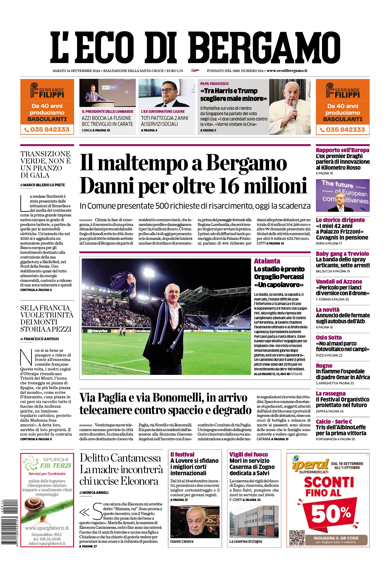 Prima-pagina-eco-di-bergamo-edizione-di-oggi-14-09-2024