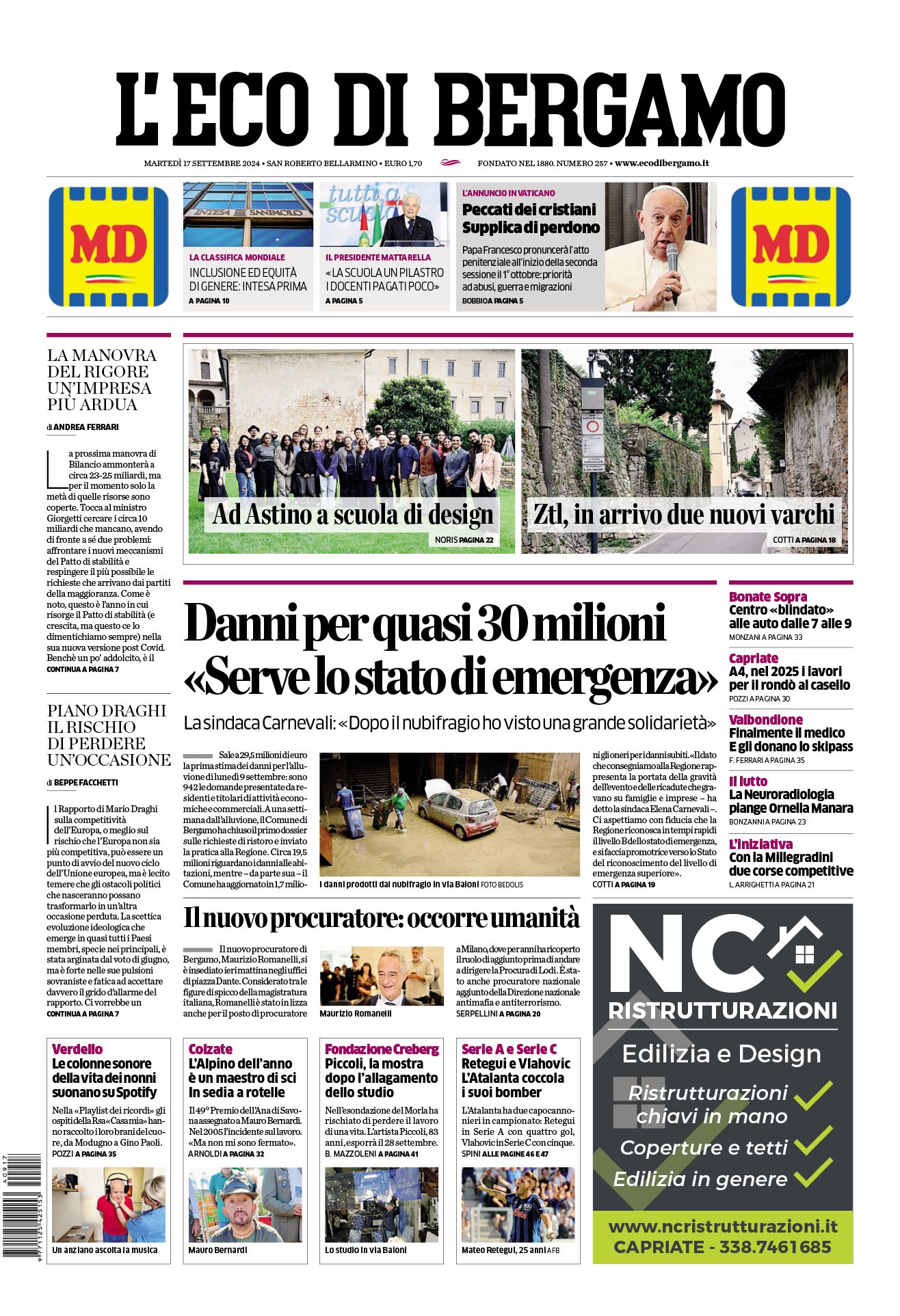 Prima-pagina-eco-di-bergamo-edizione-di-oggi-17-09-2024