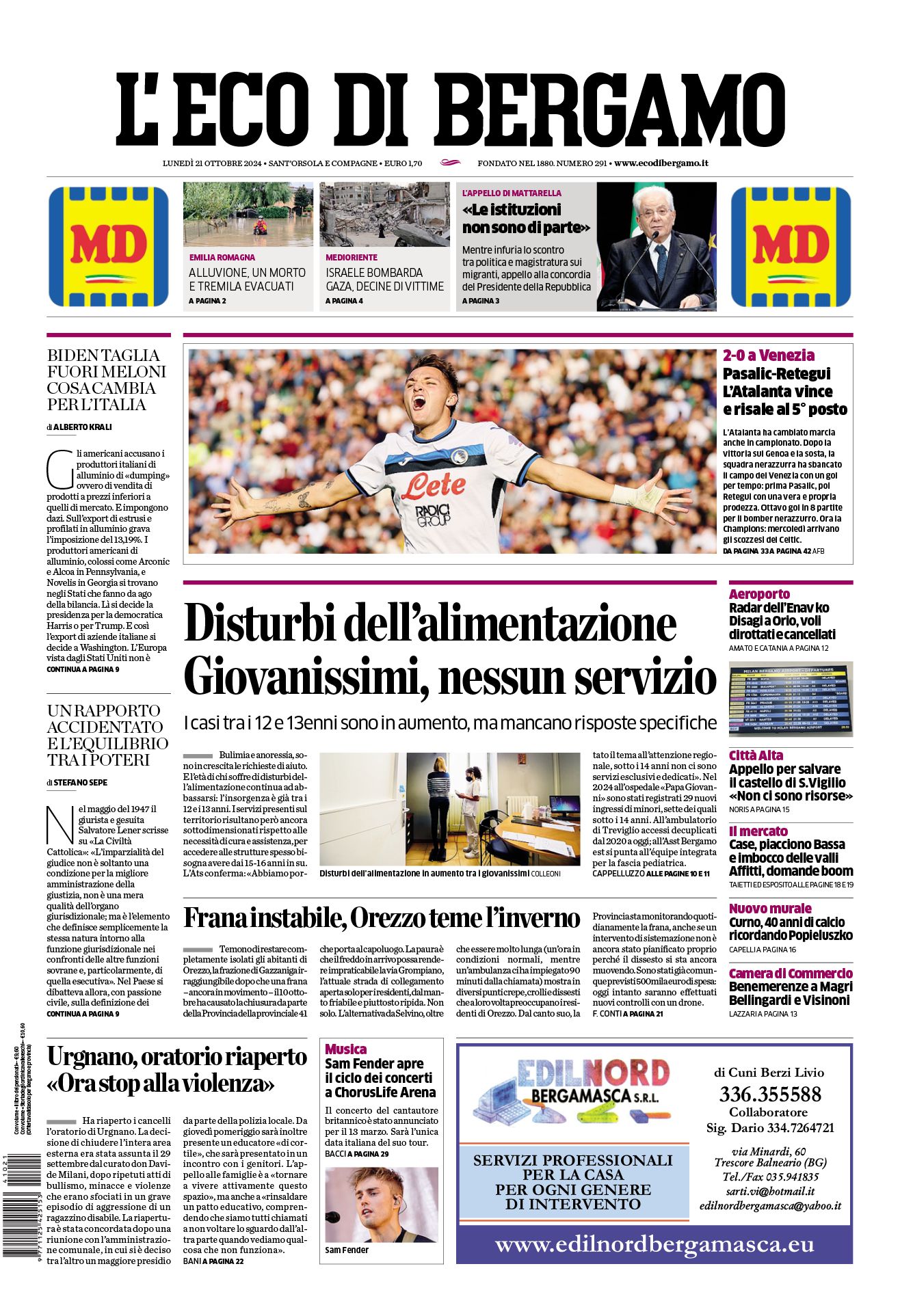 Prima-pagina-eco-di-bergamo-edizione-di-oggi-21-10-2024