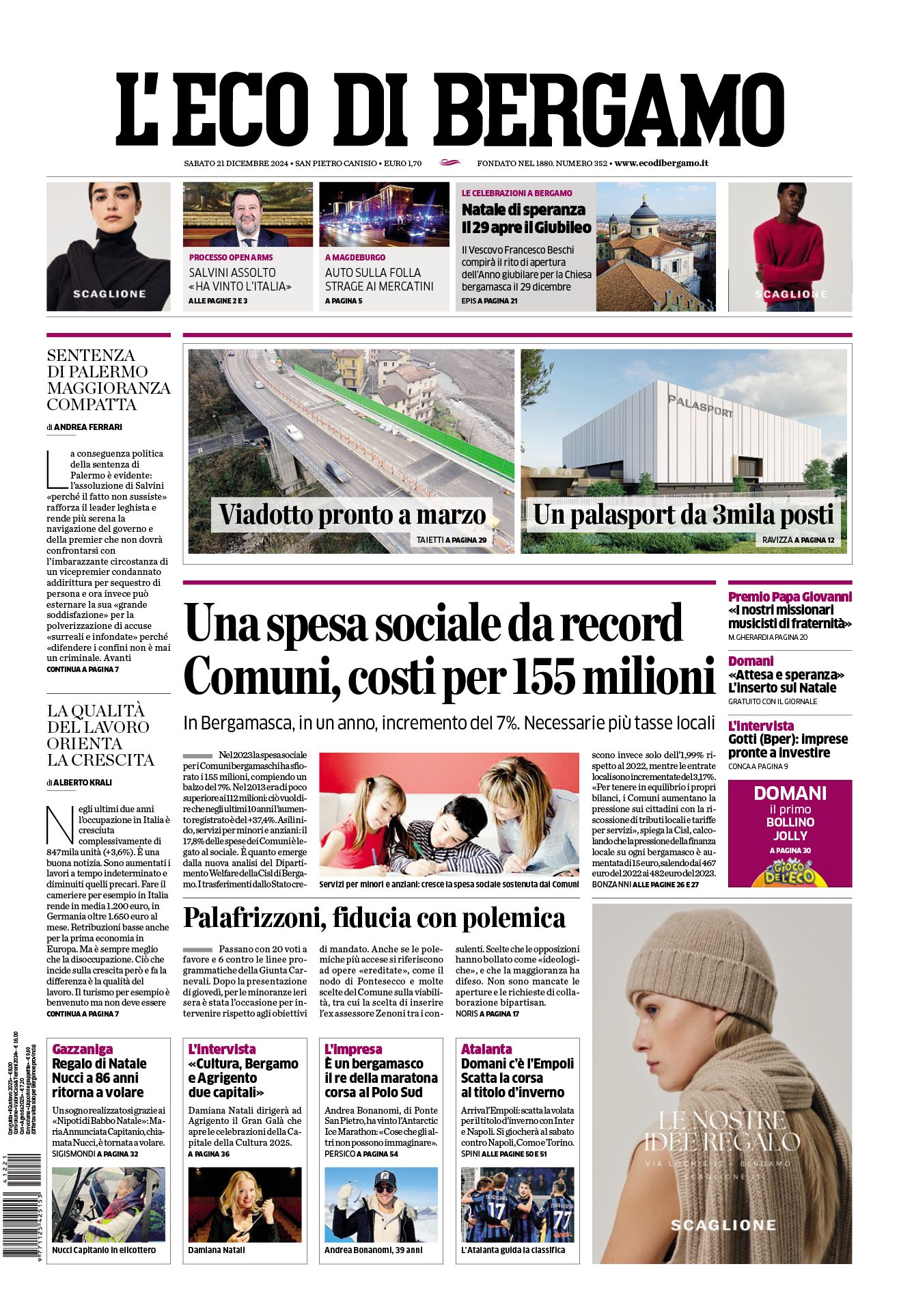 Prima-pagina-eco-di-bergamo-edizione-di-oggi-21-12-2024