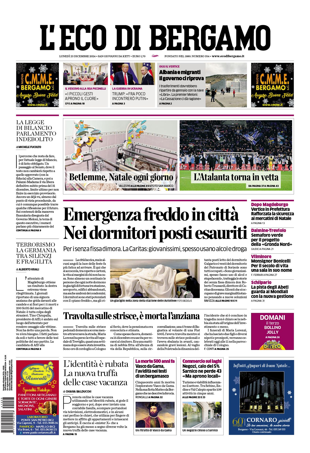 Prima-pagina-eco-di-bergamo-edizione-di-oggi-23-12-2024