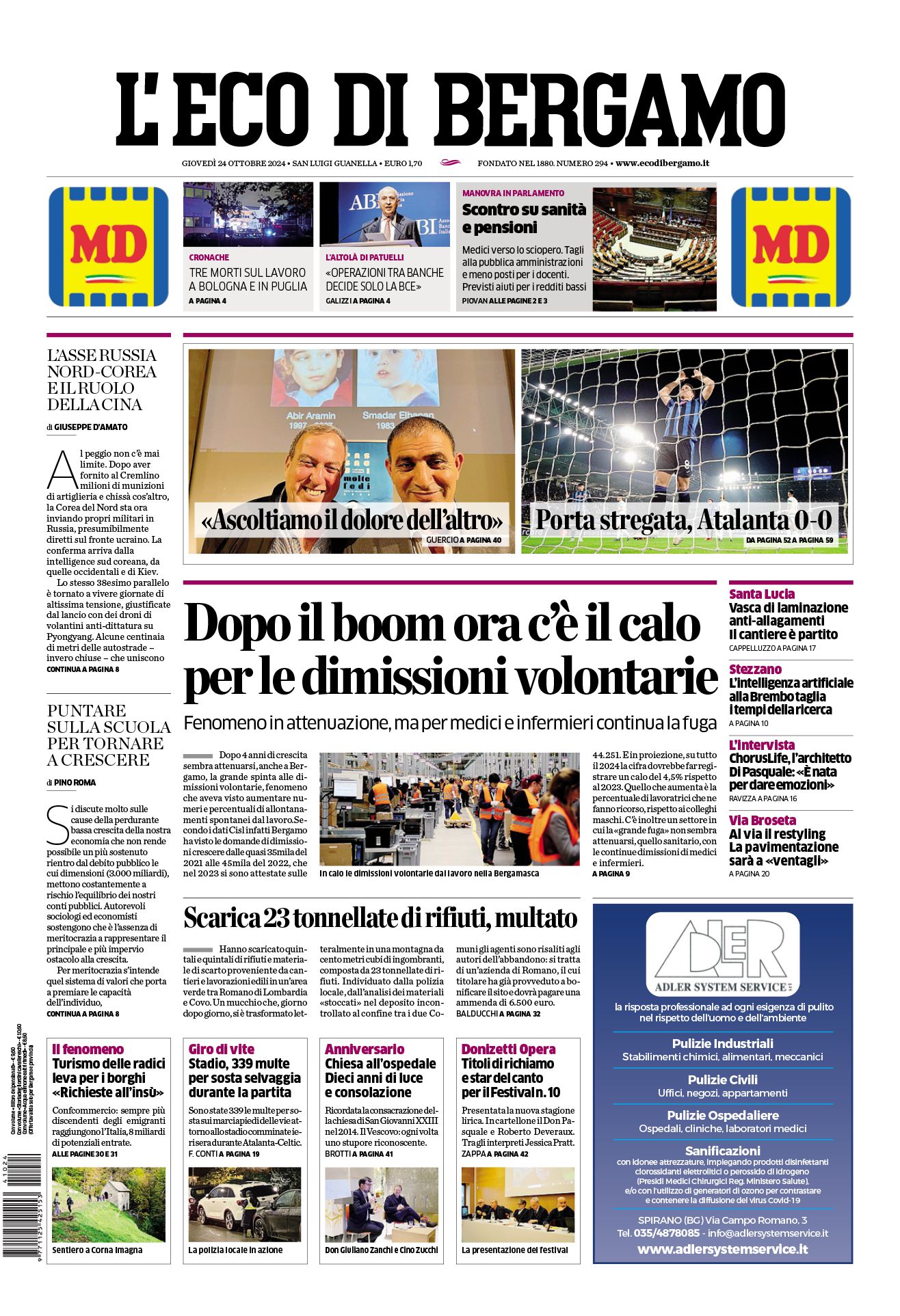 Prima-pagina-eco-di-bergamo-edizione-di-oggi-24-10-2024