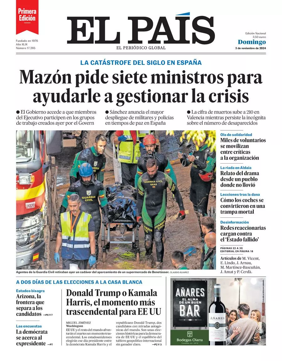 Prima-pagina-el-pais-edizione-di-oggi-03-11-2024