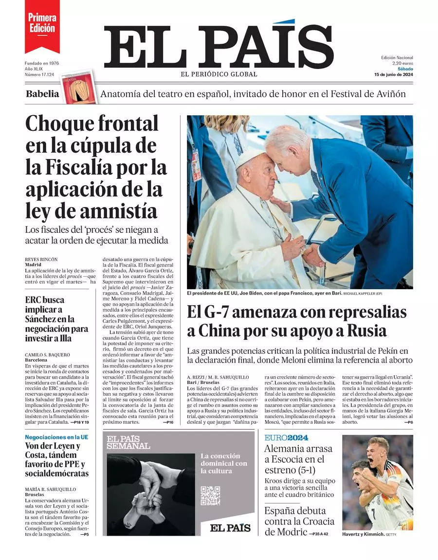 Prima-pagina-el-pais-edizione-di-oggi-15-06-2024