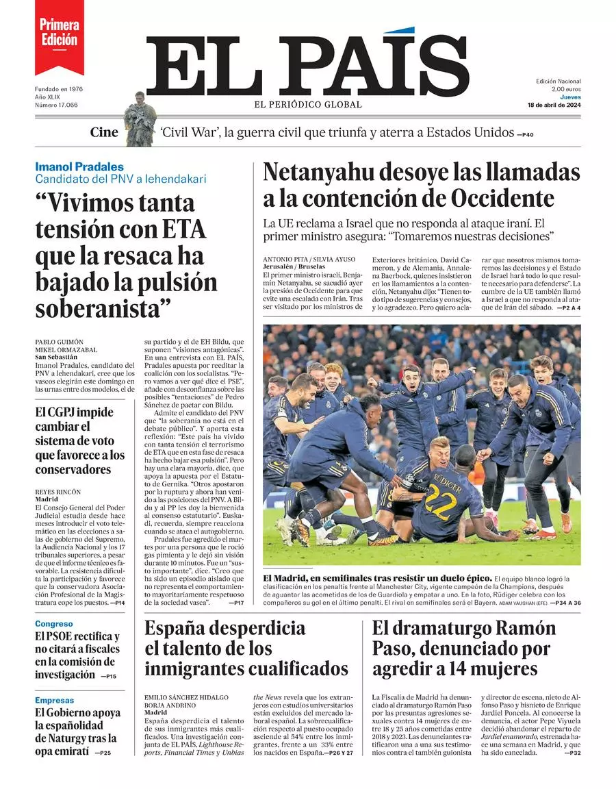 Prima-pagina-el-pais-edizione-di-oggi-18-04-2024