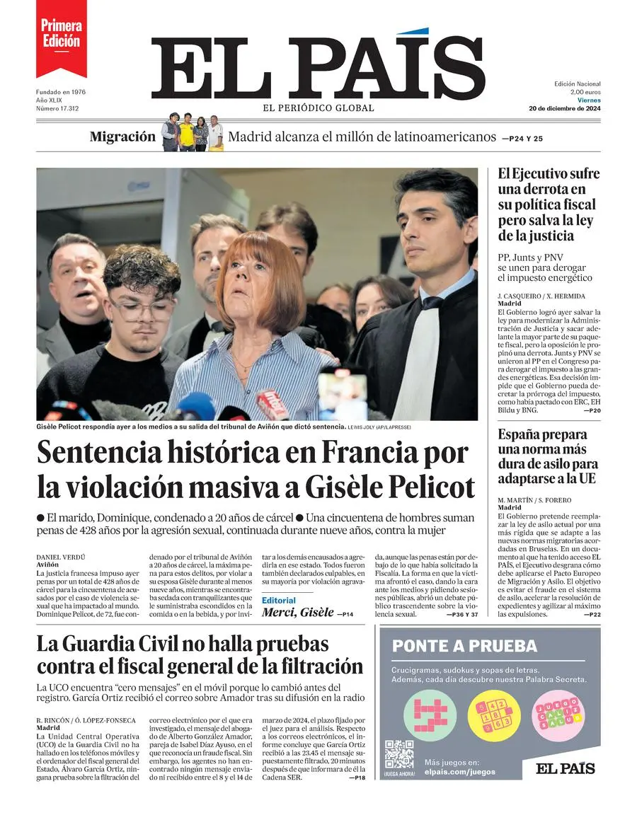 Prima-pagina-el-pais-edizione-di-oggi-20-12-2024