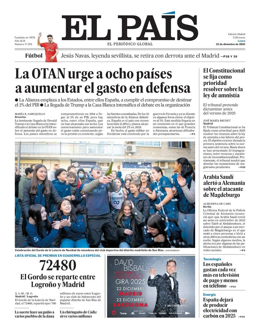 Prima-pagina-el-pais-edizione-di-oggi-23-12-2024