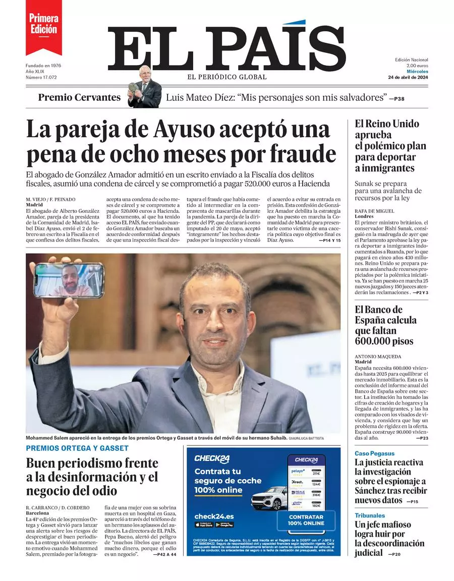 Prima-pagina-el-pais-edizione-di-oggi-24-04-2024