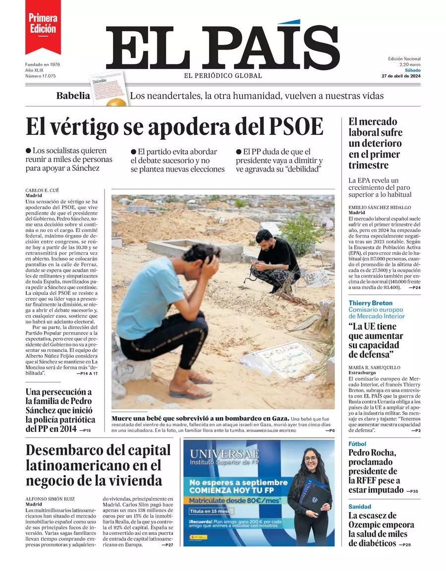 Prima-pagina-el-pais-edizione-di-oggi-27-04-2024