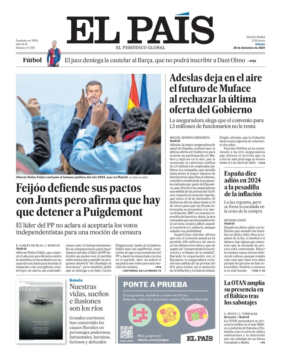 Prima-pagina-el-pais-edizione-di-oggi-28-12-2024