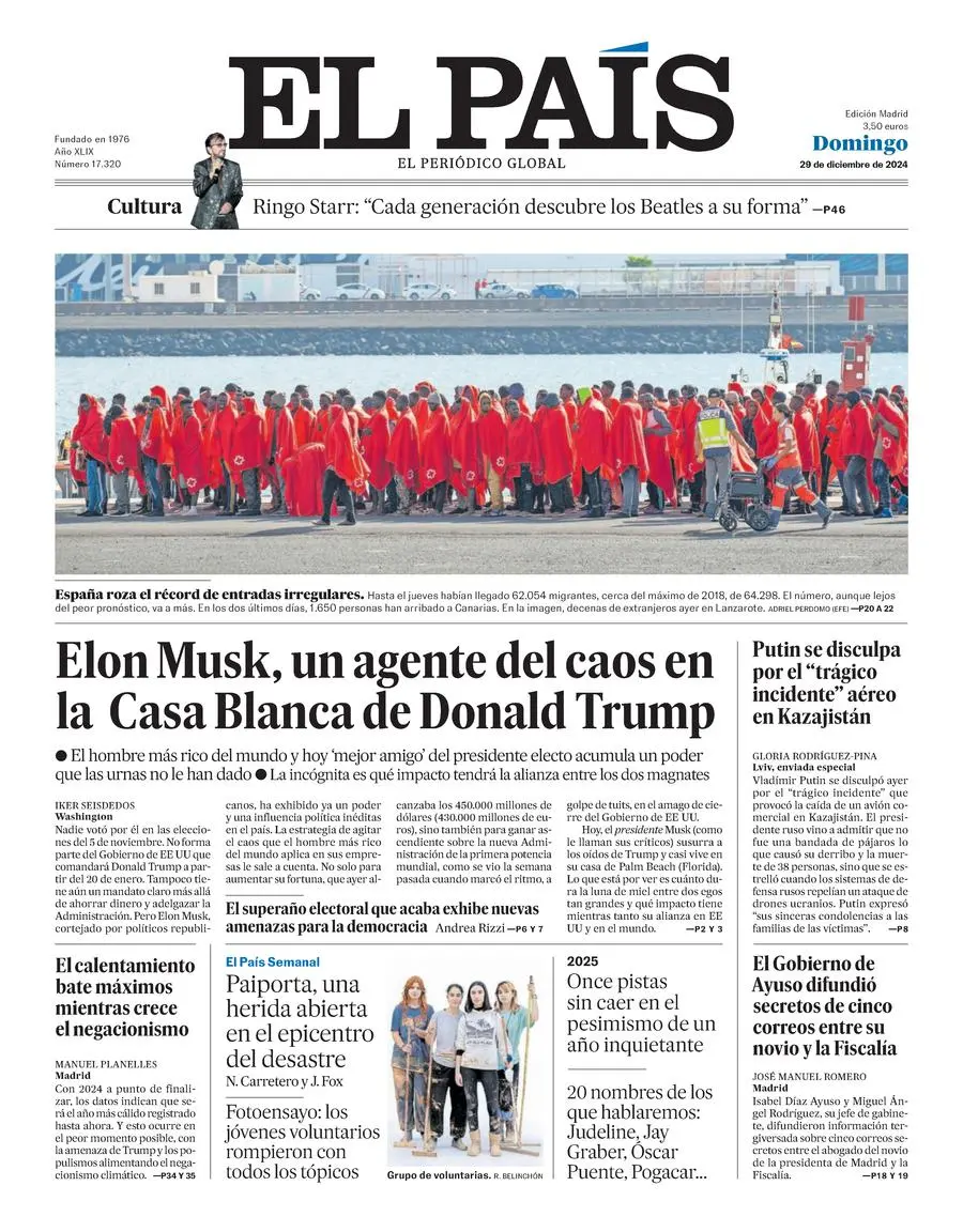 Prima-pagina-el-pais-edizione-di-oggi-29-12-2024