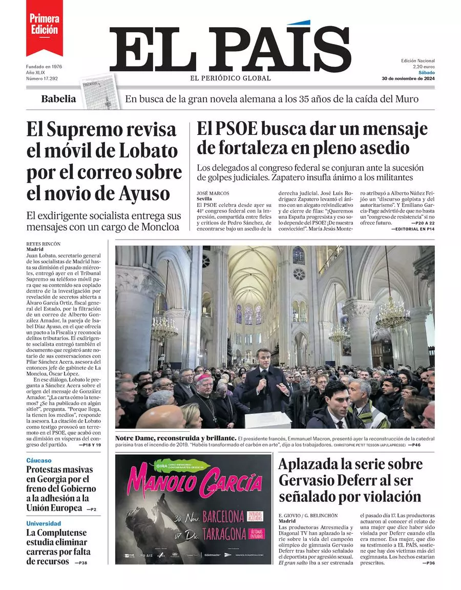 Prima-pagina-el-pais-edizione-di-oggi-30-11-2024