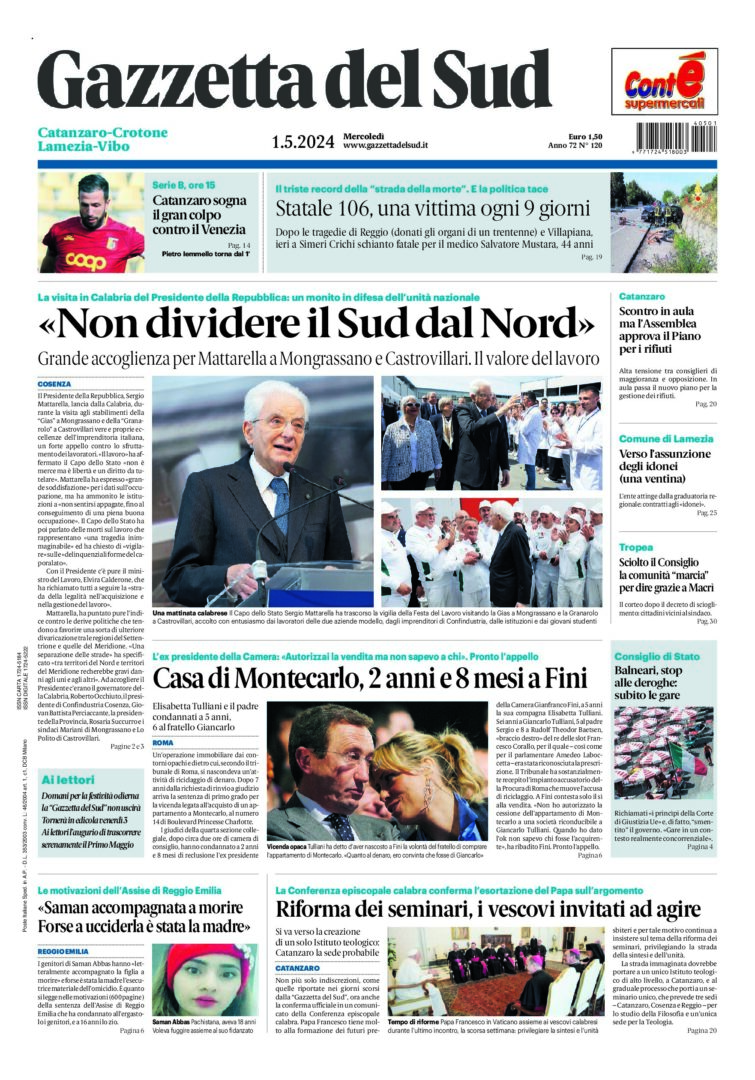 Prima-pagina-gazzetta-del-sud-calabria-di-oggi-01-05-2024