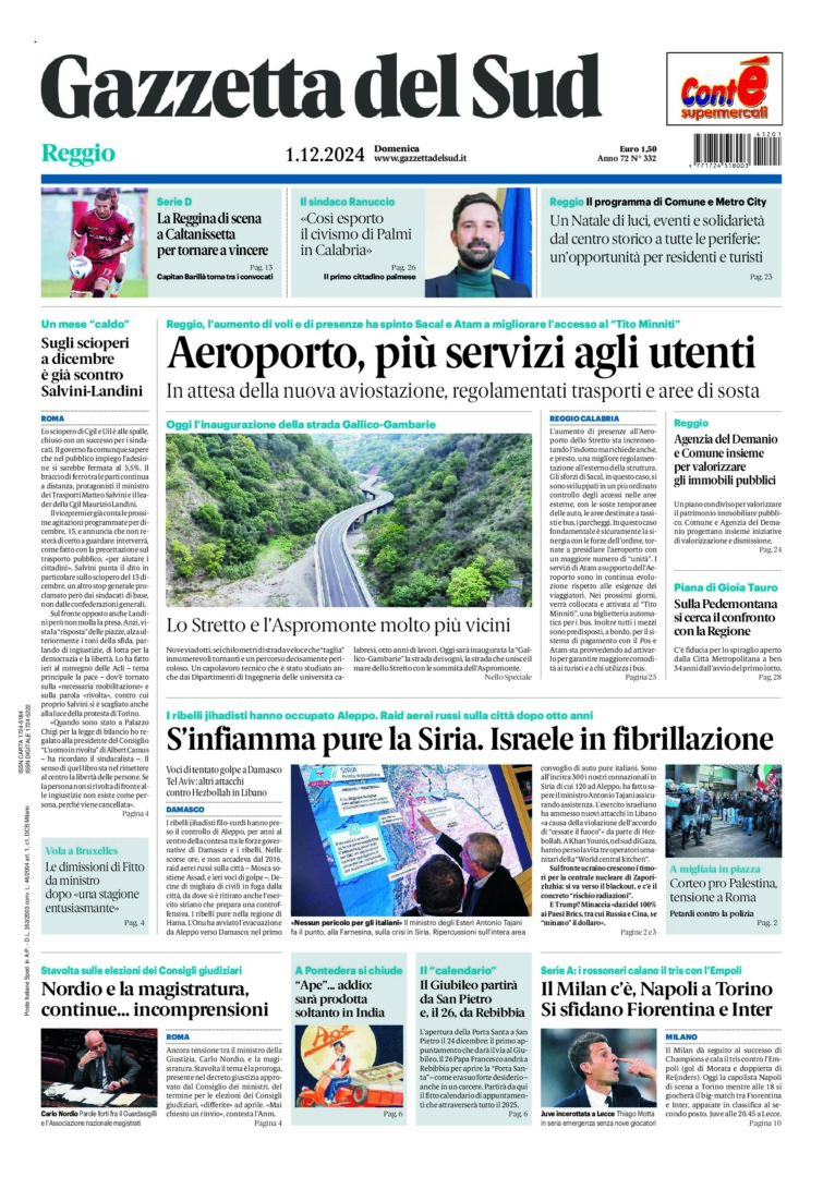 Prima-pagina-gazzetta-del-sud-calabria-di-oggi-01-12-2024