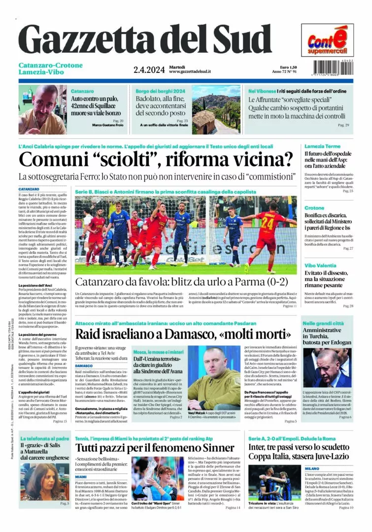 Prima-pagina-gazzetta-del-sud-calabria-di-oggi-02-04-2024