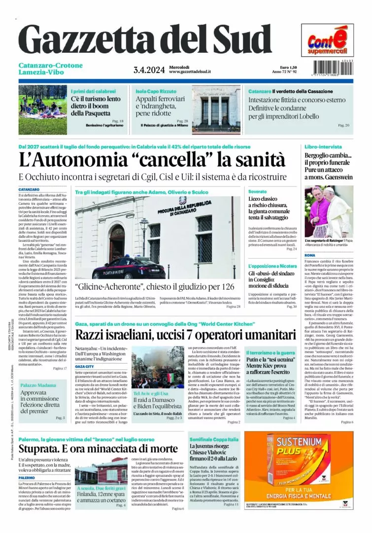 Prima-pagina-gazzetta-del-sud-calabria-di-oggi-03-04-2024