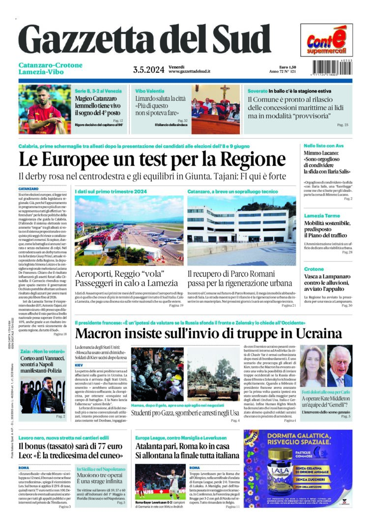 Prima-pagina-gazzetta-del-sud-calabria-di-oggi-03-05-2024