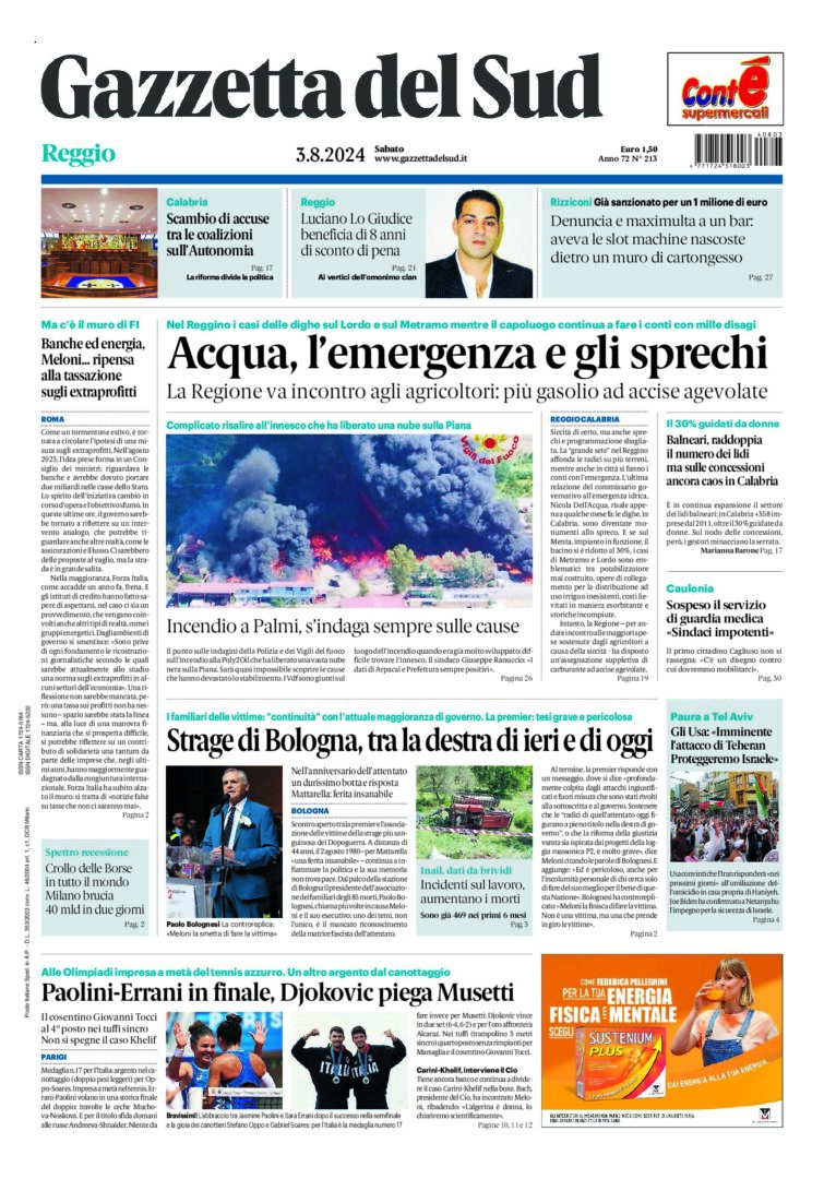 Prima-pagina-gazzetta-del-sud-calabria-di-oggi-03-08-2024