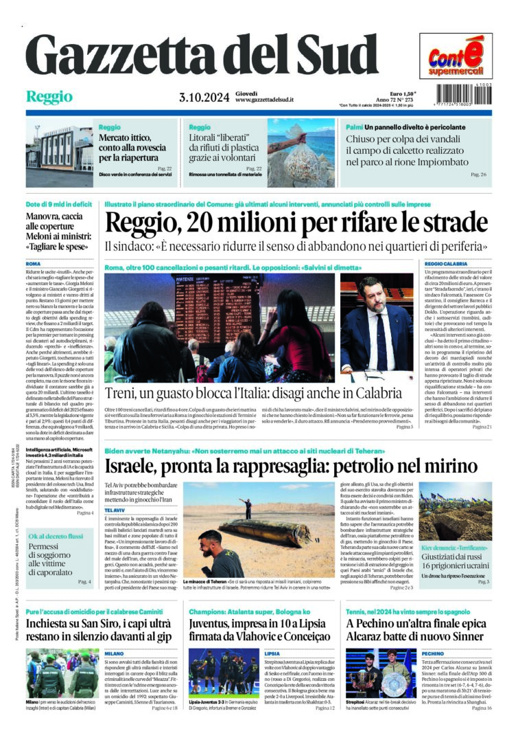 Prima-pagina-gazzetta-del-sud-calabria-di-oggi-03-10-2024