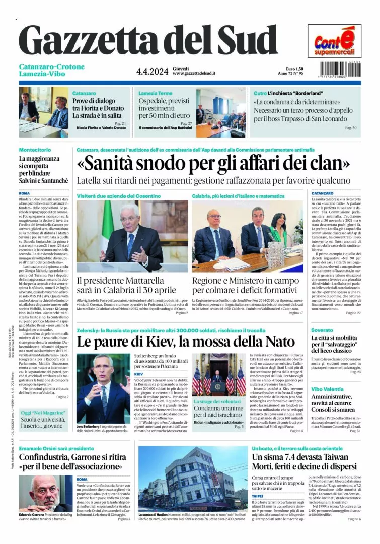 Prima-pagina-gazzetta-del-sud-calabria-di-oggi-04-04-2024