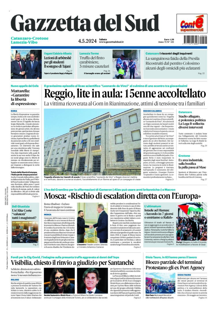 Prima-pagina-gazzetta-del-sud-calabria-di-oggi-04-05-2024