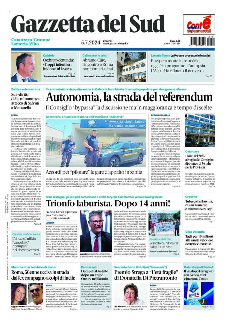 Prima-pagina-gazzetta-del-sud-calabria-di-oggi-05-07-2024