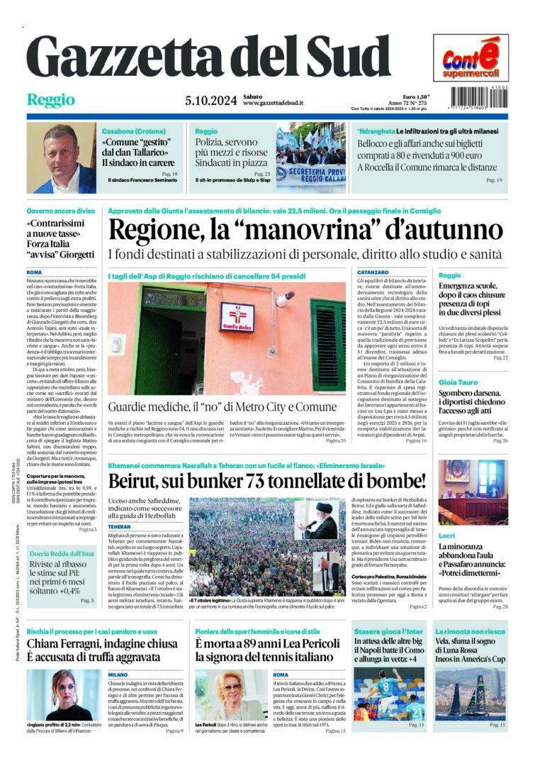 Prima-pagina-gazzetta-del-sud-calabria-di-oggi-05-10-2024