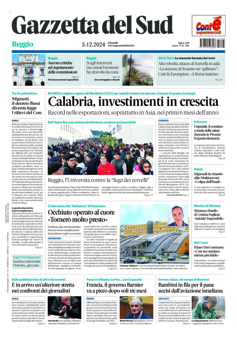 Prima-pagina-gazzetta-del-sud-calabria-di-oggi-05-12-2024