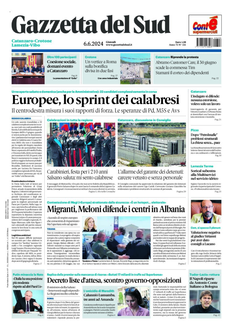 Prima-pagina-gazzetta-del-sud-calabria-di-oggi-06-06-2024