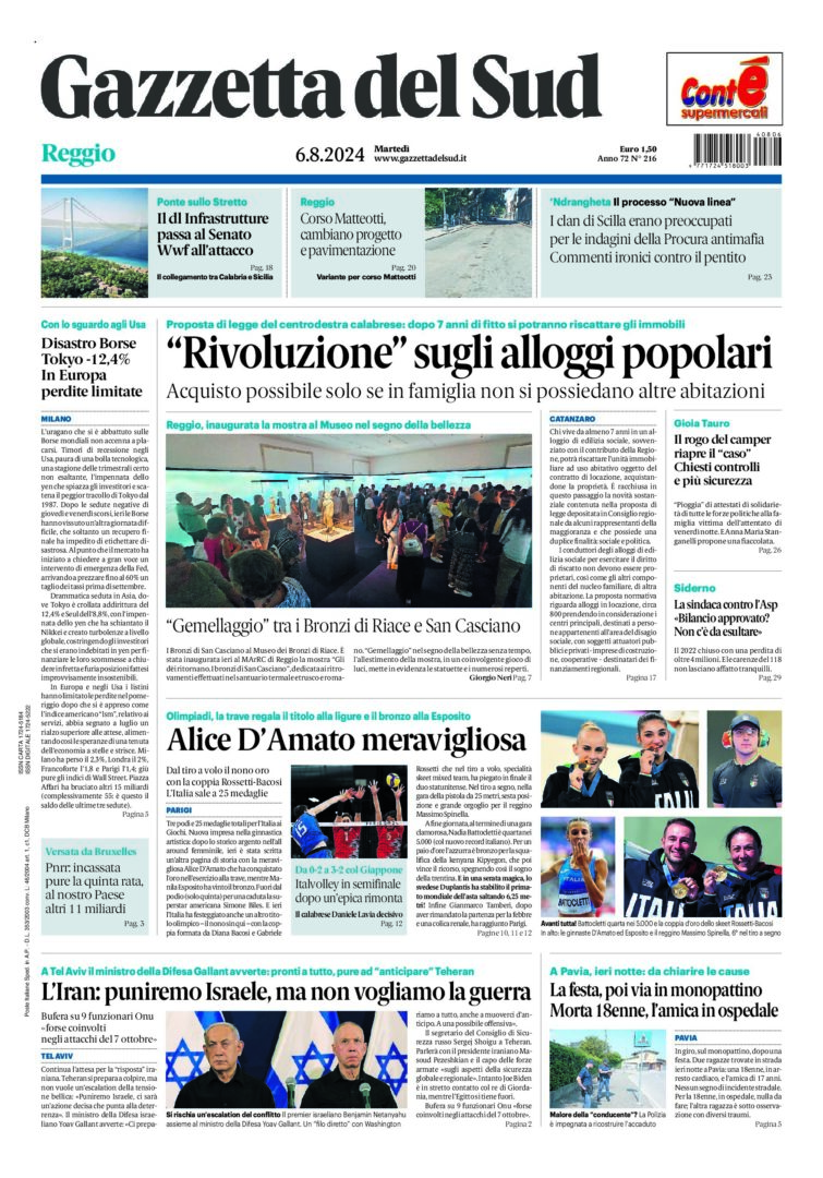 Prima-pagina-gazzetta-del-sud-calabria-di-oggi-06-08-2024