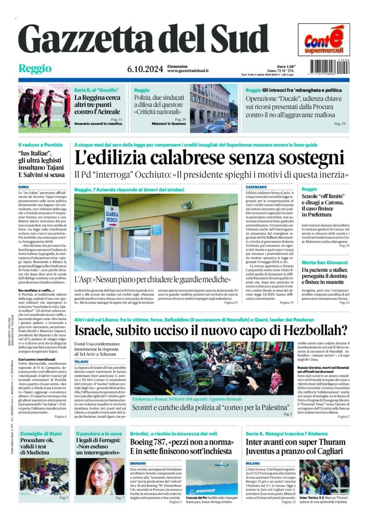 Prima-pagina-gazzetta-del-sud-calabria-di-oggi-06-10-2024