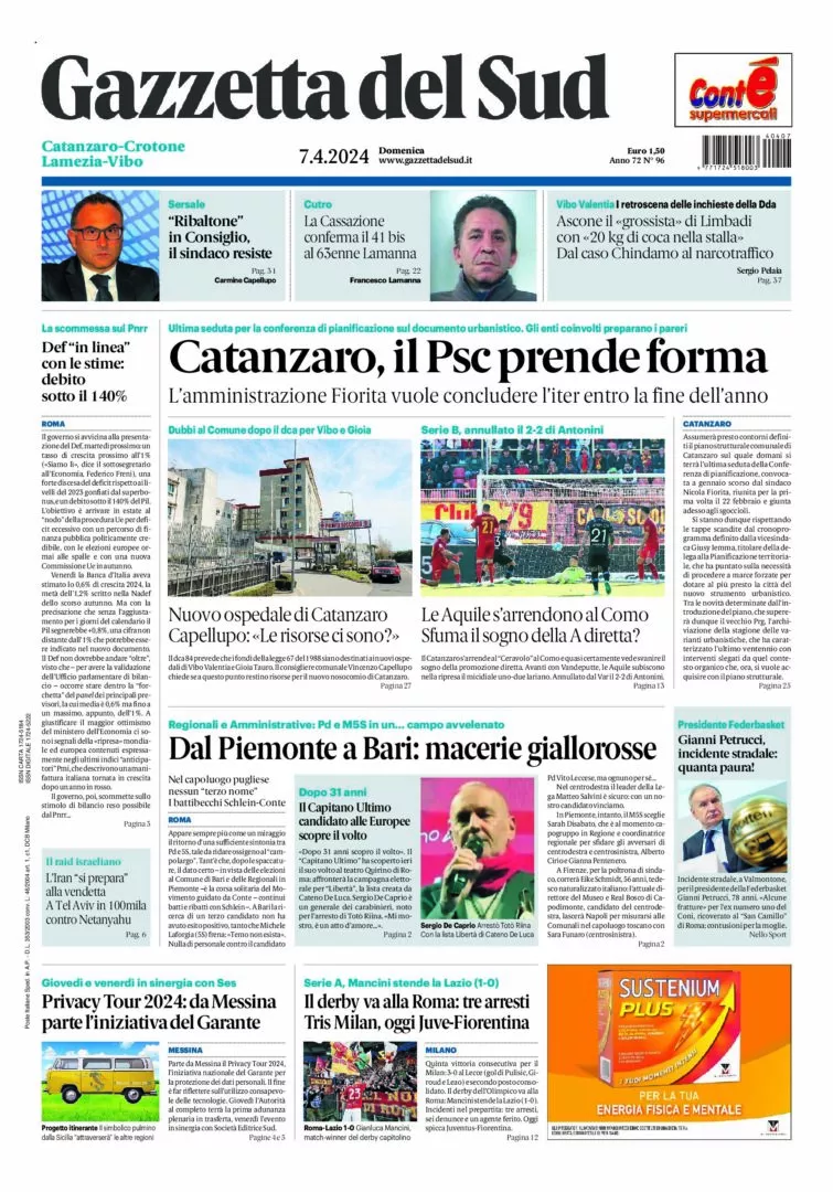 Prima-pagina-gazzetta-del-sud-calabria-di-oggi-07-04-2024