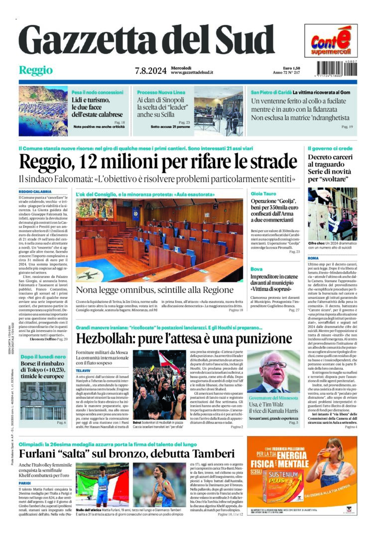 Prima-pagina-gazzetta-del-sud-calabria-di-oggi-07-08-2024