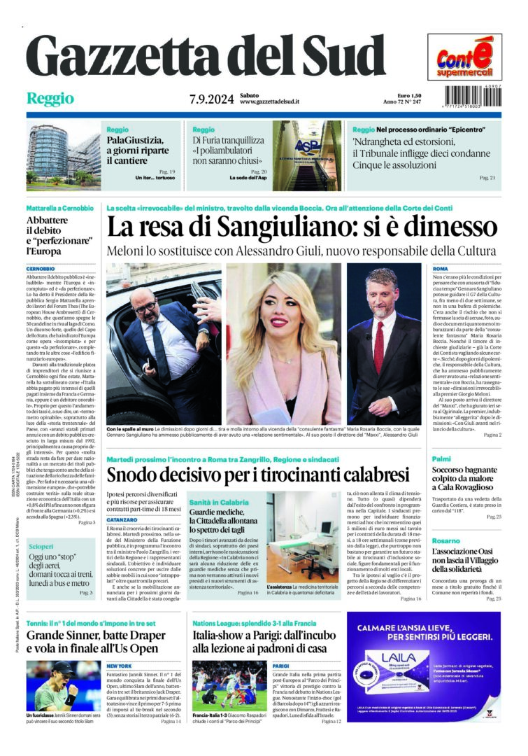 Prima-pagina-gazzetta-del-sud-calabria-di-oggi-07-09-2024