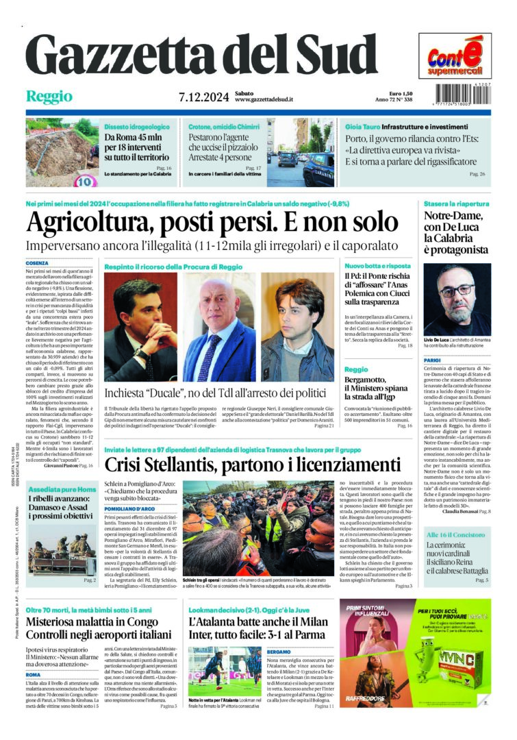 Prima-pagina-gazzetta-del-sud-calabria-di-oggi-07-12-2024