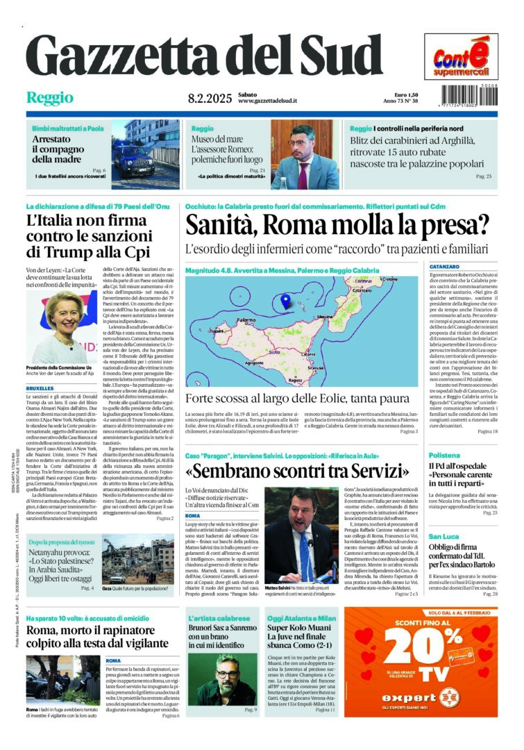 Prima-pagina-gazzetta-del-sud-calabria-di-oggi-08-02-2025