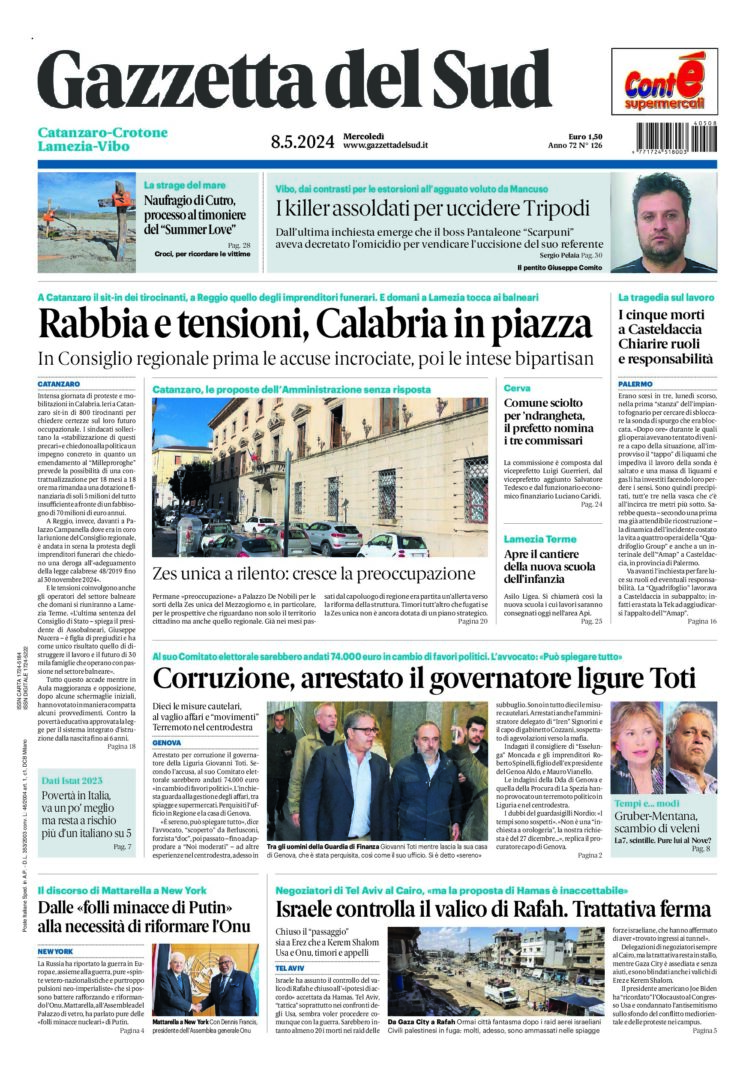 Prima-pagina-gazzetta-del-sud-calabria-di-oggi-08-05-2024